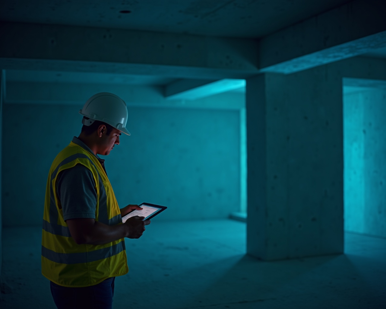 Engineer surveying a bare concrete apartment shell with a tablet