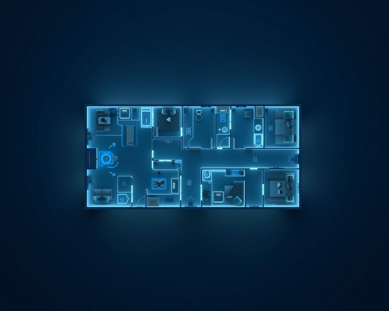 Glowing apartment floor plan with ventilation duct routes