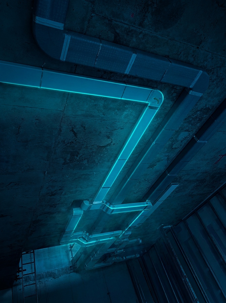 Installed white plastic ductwork traced with cyan light on a concrete soffit