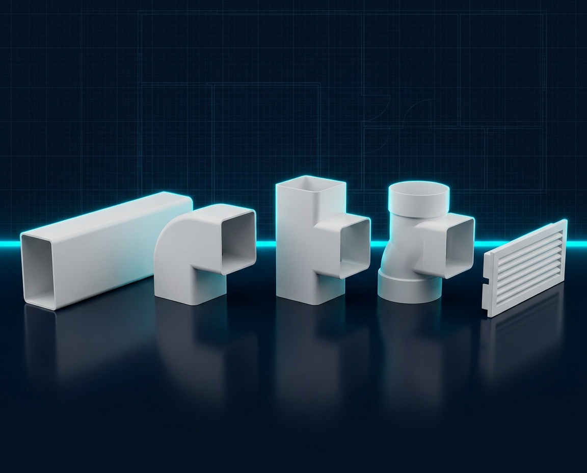 Family of white PVC flat-channel duct fittings — lengths, bends, T-piece, round adapter and grille